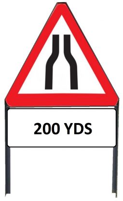     Road Narrows Both Sides Sign with '200yd' Supplementary Plate in Frame with Clips
