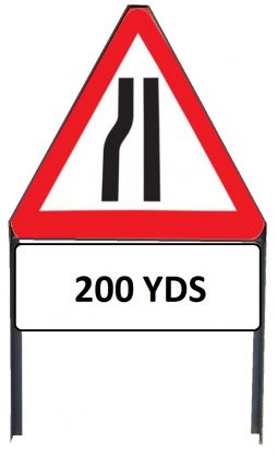     Road Narrows Nearside Metal Triangle Sign with '200yd' Supplementary Plate in Frame with Clips

