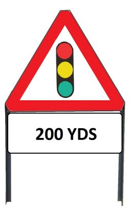     Traffic Signals Ahead Metal Sign with '200yd' Supplementary Plate in Frame with Clips
